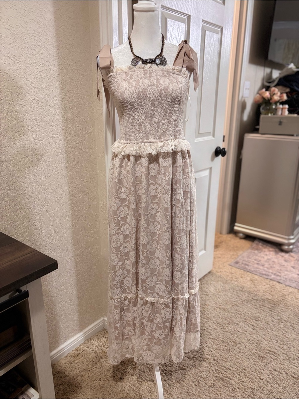 Main Strip Cream Lace Maxi Dress with Tie Straps